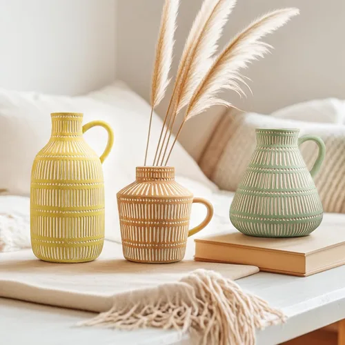 Vista 2 de Juego de 3 jarrones de cerámica bohemios para sala de estar, dormitorio, modernos, amarillo, marrón, verde, jarrones para flores artificiales