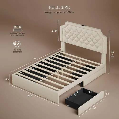 Vista 2 de DWVO Base de cama de tamaño matrimonial con cabecera ajustable, 4 cajones de almacenamiento y estación de carga, marco de cama tapizado de Beige
