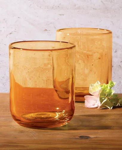 Vista 3 de bloomhouse Sayulita Spring Juego de 4 Piezas Hecho a Mano de 16 OZ Vidrio de Color Ámbar Double Old Fashioned Set con Cuatro Posavasos