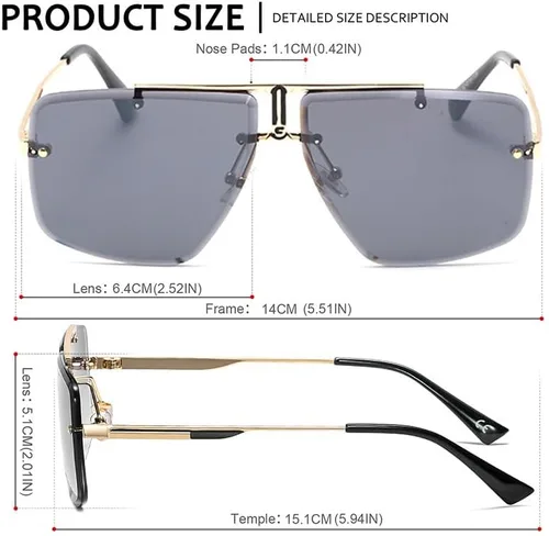 Vista 4 de Junsika Gafas de sol cuadradas sin montura de gran tamaño para hombre, diseño retro de moda