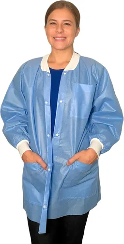 Vista 3 de Chaqueta de laboratorio Endure, desechable, longitud de cintura o cadera, cuello de punto y puños de punto, material SMS, caja de 30