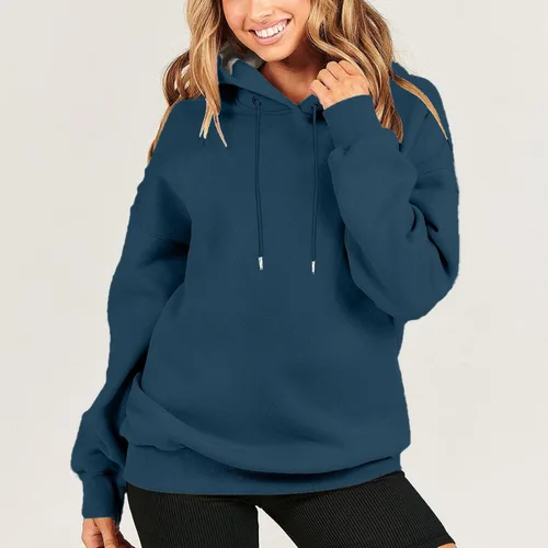 Vista 6 de Sudaderas de invierno para mujer, casual, color sólido, sudaderas con capucha y cordón de manga larga, camisas regulares