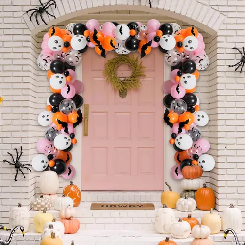 Vista 6 de Kit de guirnalda de arco de globos de Halloween, arco de globos de Halloween rosa, negro y naranja con globos de aluminio BOO, globos de calavera