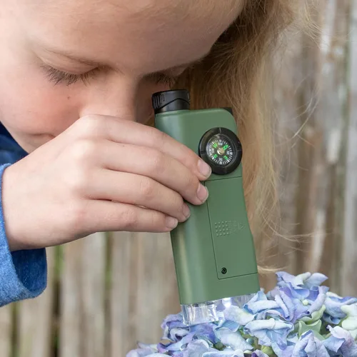 Vista 7 de Carson X-Scope Kids - Herramienta de bolsillo óptica multiusos de 7 funciones con microscopio 30x, telescopio 8x, lupa plegable 9x, linterna