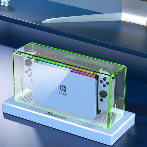 Vista 3 de Mooroer Dust Cover with 16 LED Colors Light Base for Nintendo SwitchOLED, Acrylic Clear Display Box Anti-Scratch Waterproof Slim Dock Case, Cool