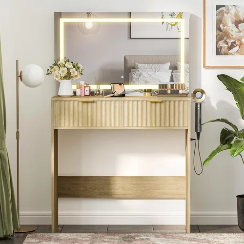 Vista 5 de Fluted Vanity Desk with Mirror and Lights, Makeup Vanity with 2 Drawers, 3 Lighting Modes Adjustable Brightness, Dressing Table for Bedroom, Natural