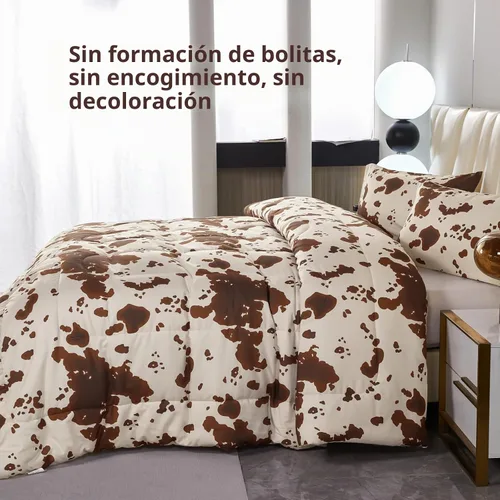 Vista 7 de PERFEMET Juego de ropa de cama con estampado de vaca marrón y beige, juego de edredón de 3 piezas de piel de vaca de dibujos animados para niños