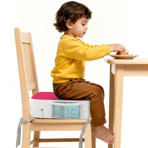 Vista 9 de Asiento elevador para silla de cocina, cojín de asiento elevado para niños Mesa de comedor de PU para niños pequeños con lazos y bolsillos