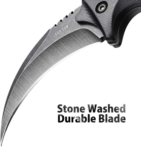 Vista 3 de JXE JXO Cuchillo táctico EDC con funda, cuchillo de acero duradero 420HC Karambit de hoja fija para exteriores, cuchillo de supervivencia con mango