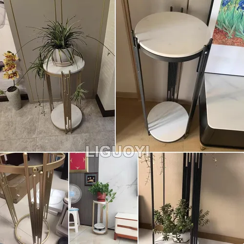 Vista 6 de LIGUOYI Soporte para macetas al aire libre, estante de metal de 2 niveles, superficie de mármol, soporte de esquina para plantas de flores, estante