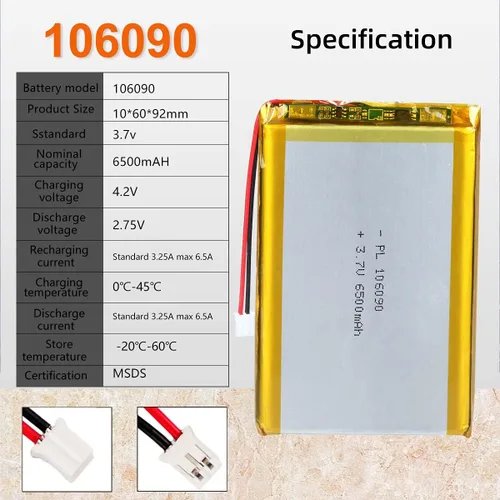 Vista 2 de Batería recargable Lipo de iones de polímero de litio de 3.7V 5X 6500mAh 106090 con conector PH 0.079 in