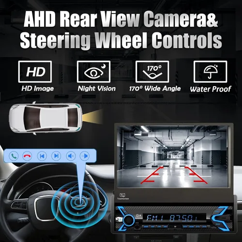 Vista 6 de Estéreo de automóvil de un solo DIN compatible con Apple Carplay y Android Auto, pantalla táctil HD plegable motorizada con flip de 7 pulgadas