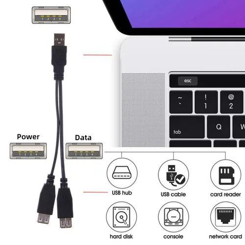 Vista 2 de cablecc Cable de datos de alimentación extra USB tipo A USB 2.0 hembra a USB tipo A macho compatible con unidad de disco SSD impresora escáner