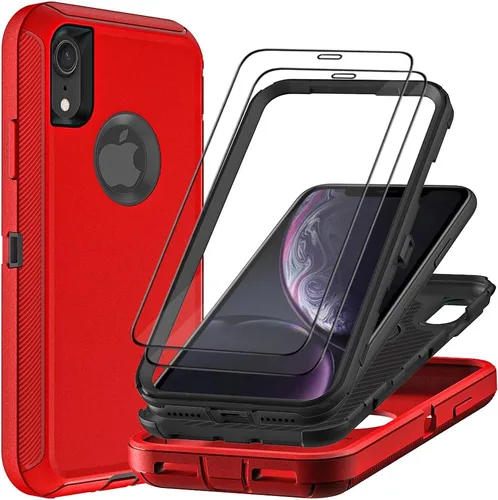 Vista 9 de Funda para iPhone XR con 2 protectores de pantalla de vidrio templado, grado militar 3 en 1, resistente a prueba de golpes, a prueba de caídas