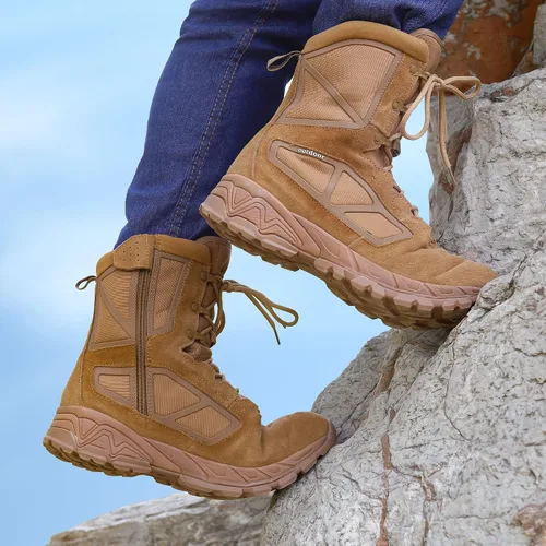 Vista 2 de Botas de trabajo tácticas militares para hombre, ligeras, con cremallera lateral, botas de combate del ejército, para senderismo