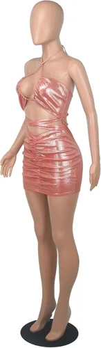 Vista 5 de GEMEIQ Vestido de fiesta con cuello halter y con cordones para mujer, vestido de fiesta fruncido con espalda cruzada y espalda descubierta, Hot