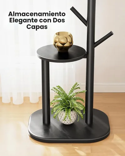 Vista 3 de Pipishell Perchero independiente de madera maciza con 8 ganchos y estantes 2 estantes de almacenamiento, base grande de una sola pieza