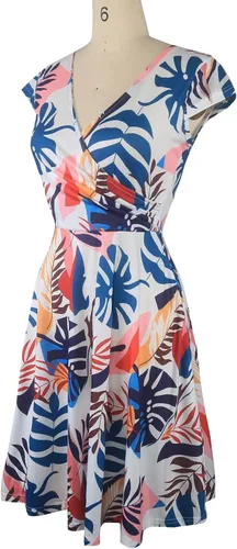 Vista 3 de oxiuly OX233 - Vestido informal, cruzado, con cuello en V, estampado floral, acampanado, por debajo de la rodilla y de verano para mujer