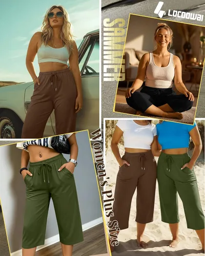 Vista 2 de Paquete de 3 pantalones capri de talla grande para mujer, ajuste holgado, pierna ancha, pantalones recortados para yoga, descanso, entrenamiento