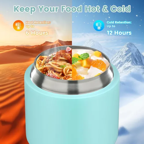 Vista 2 de Termo 2 en 1 para comida caliente con contenedor de aperitivos, contenedor de alimentos aislado de acero inoxidable de 20 onzas con asa y cuchara
