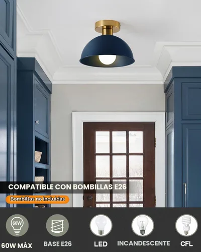 Vista 2 de Lámpara de techo industrial semiempotrada con placa dorada y pantalla azul, lámpara de techo de granja para cocina, isla, comedor, vestíbulo azul