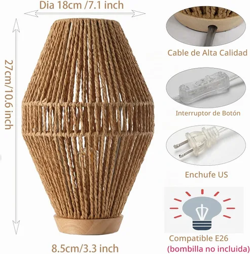 Vista 2 de Lámparas de mesa boho para dormitorio y sala de estar - Pequeñas linternas de canasta tejida natural con pantallas de cuerda de papel Marrón