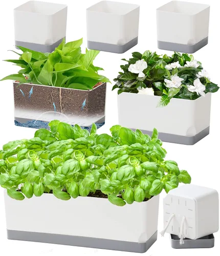 Vista 9 de Macetas de riego automático en macetas para plantas de interior, paquete de 7 unidades de 4+8+17 pulgadas, macetas de ventana de plástico, maceta