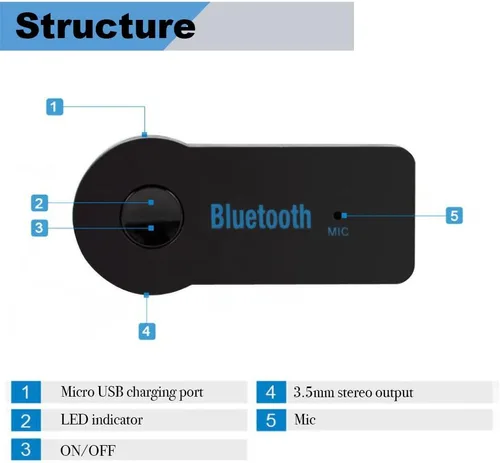Vista 6 de Adaptador AUX Bluetooth para coche, receptor de audio inalámbrico portátil kits de coche manos libres con AUX 3.5mm