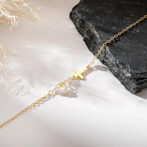 Vista 6 de NECOCY Gold Bracelets for Women, Dainty Silver14K Gold Plated Cross Bracelet Stack Pearl Bead Knot Cross Chain Bracelet Trendy Religious Christian