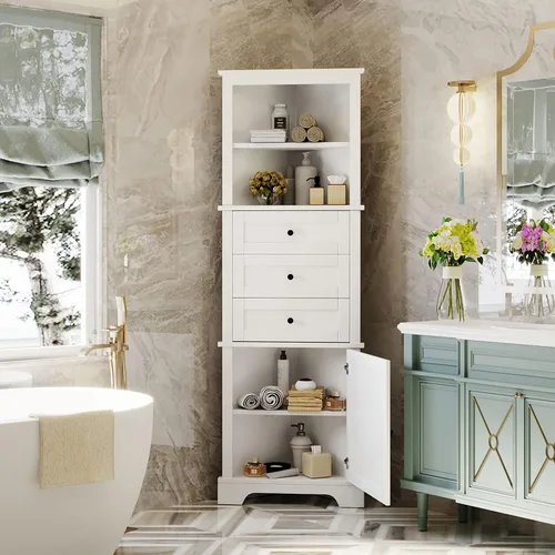 Vista 3 de Armario esquinero alto con 3 cajones y puerta, estantes ajustables, organizador de almacenamiento de baño para sala de estar o cocina, color blanco
