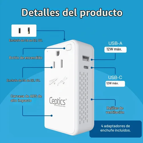 Vista 7 de Ceptics Convertidor de voltaje reductor de 200 W – Convertidor de voltaje de 220 V a 110 V para rizador, alisador, cargador – Carga rápida USB-A y C