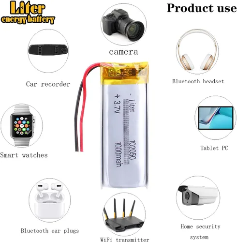 Vista 4 de 3.7V 102050 1000mAh batería de iones de polímero de litio recargable batería de polímero con dos alambres