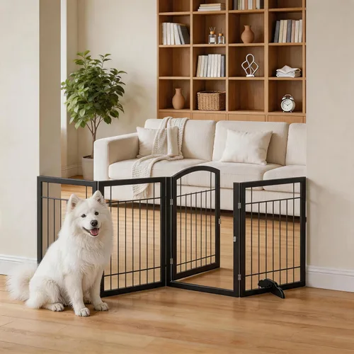 Vista 2 de Vantas 96 x 30 in Foldable Metal Dog Gate with Door Walk Through, Black Freestanding Stability, Extra Wide, Walk-Through Easy, Easy Storage, Easy
