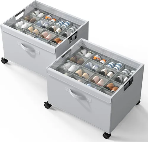 Vista 10 de HOUSE AGAIN Organizador de zapatos para armario, cajas de almacenamiento de zapatos con ruedas de 360°, marco de metal resistente que se adapta a