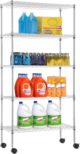 Vista 17 de FDW Estante de metal ajustable de 5 niveles con ruedas, capacidad de 250 libras, fácil montaje, ideal para espacios pequeños Negro