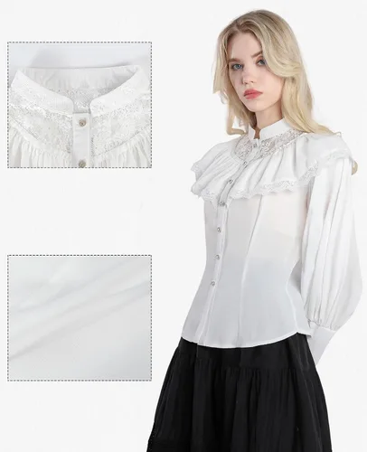 Vista 3 de NSPSTT Blusa victoriana para mujer, camisa renacentista de satén con botones, estilo pirata, gótica, manga abombada, blusa blanca