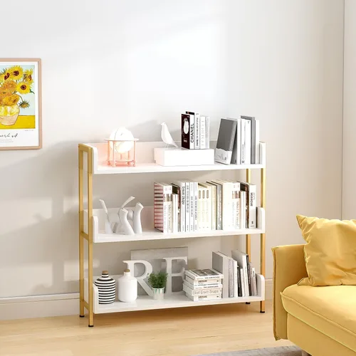 Vista 2 de Estantería de Libros Abierta y Amplia - Moderna Estantería de Libros de Exhibición de Pie de 3 Niveles con Paneles de Tres Lados para Hogar y Blanco