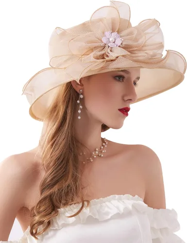 Vista 3 de Tocado de organza para mujer, de ala ancha, para iglesia, boda, fiesta de té, boda