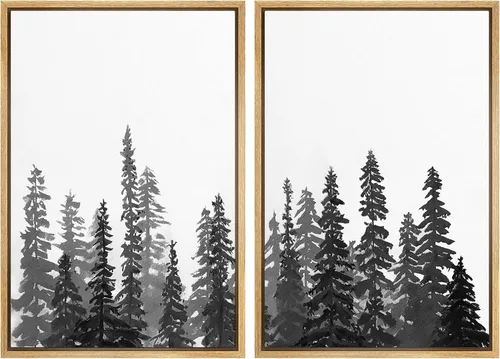 Vista 78 de SIGNWIN Lienzo enmarcado para pared, juego de arte con anillos de árbol de bosque grunge en blanco y negro, ilustraciones de naturaleza silvestre