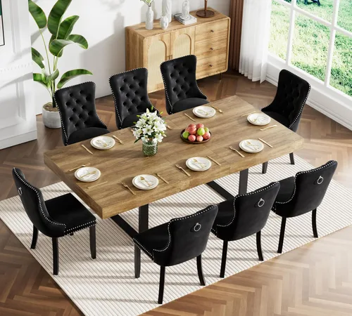 Vista 23 de Juego de mesa de comedor extensible marrón de 63 a 78.74 pulgadas para 4, juego de mesa de comedor de 5 piezas con 4 sillas tapizadas, mesa