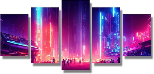 Vista 31 de Lienzo decorativo para pared, diseño de ciudad futurista Cyberpunk para sala de estar, impresión multipanel, obra de arte de cocina, pintura