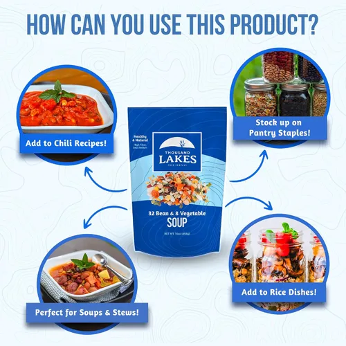 Vista 2 de Thousand Lakes Mezcla de sopa seca de 32 frijoles y 8 verduras - 1 libra Bajo en sodio Sin grasa Alta fibra Más de 20 porciones Vegano