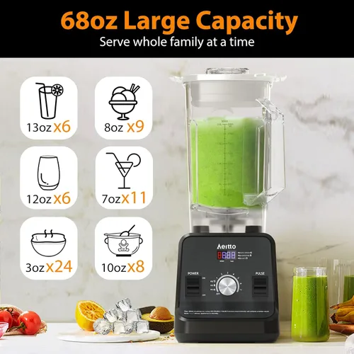 Vista 5 de Aeitto Licuadora para cocina, licuadora profesional de gran capacidad de 68 onzas, licuadora de batidos de 1500 vatios para triturar hielo, bebidas