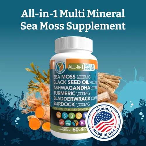 Vista 2 de Yemayá The Natural Way - Suplemento multimineral de musgo marino todo en 1, con musgo marino orgánico, aceite de semilla negra, ashwagandha, raíz