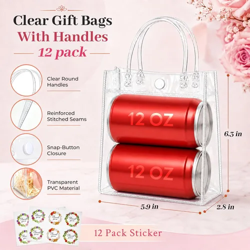 Vista 3 de NPLUX Paquete de 12 bolsas de regalo transparentes con asas, bolsas de PVC