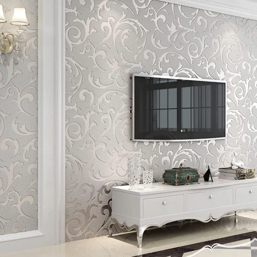 Vista 6 de Q QIHANG Moderno Simple 3D Estilo Europeo Veza Hoja Tela No Tejida Sala de estar TV Fondo No Pegado Papel pintado 1.73' Ancho x 32.8' L (Plata)