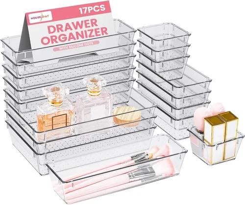 Vista 9 de HOUSE DAY Organizadores de Cajones de Escritorio 6 PCS, 9*6*2" Organizadores de Cajones Transparentes con Almohadillas de Silicona, Organizadores