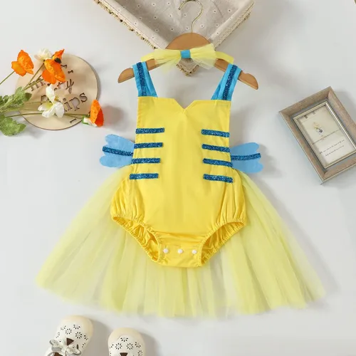 Vista 2 de AWIBMK Disfraz de platija para niñas pequeñas, color amarillo brillante, tutú de lentejuelas con diadema, disfraz de sirena para Halloween, cosplay