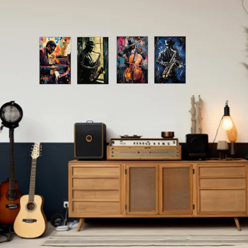 Vista 4 de SWQYLB Arte de pared de música negra, arte abstracto de jazz, pintura afroamericana, lienzo, instrumentos musicales, imágenes, aula, música, Negro