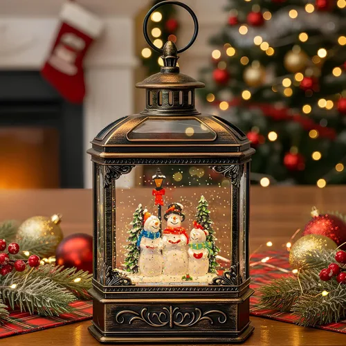 Vista 33 de Globo de nieve navideño con agua brillante, escena de cardenal con música y temporizador, linterna iluminada con USB/operada por batería